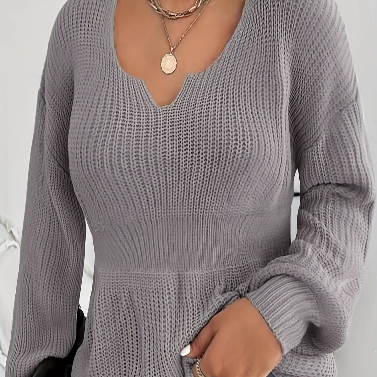  Ribbed Knit Lantern Sleeve Sweater