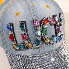 Distressed Denim Dad Hat with Rhinestone LUCK Patch