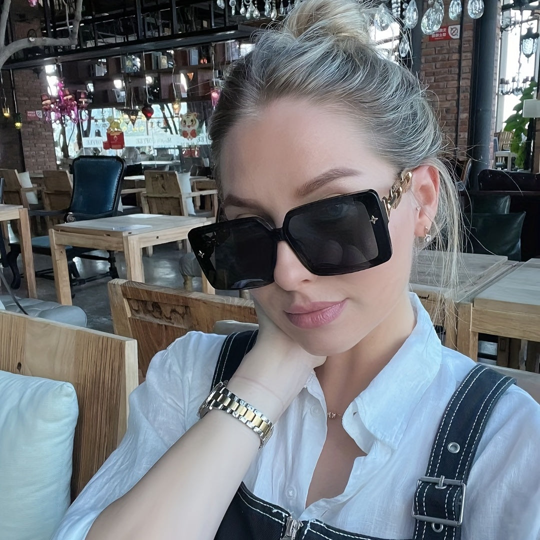 Large Square Sunglasses For Women Men Star Chain Charm UV400 Sun Shades