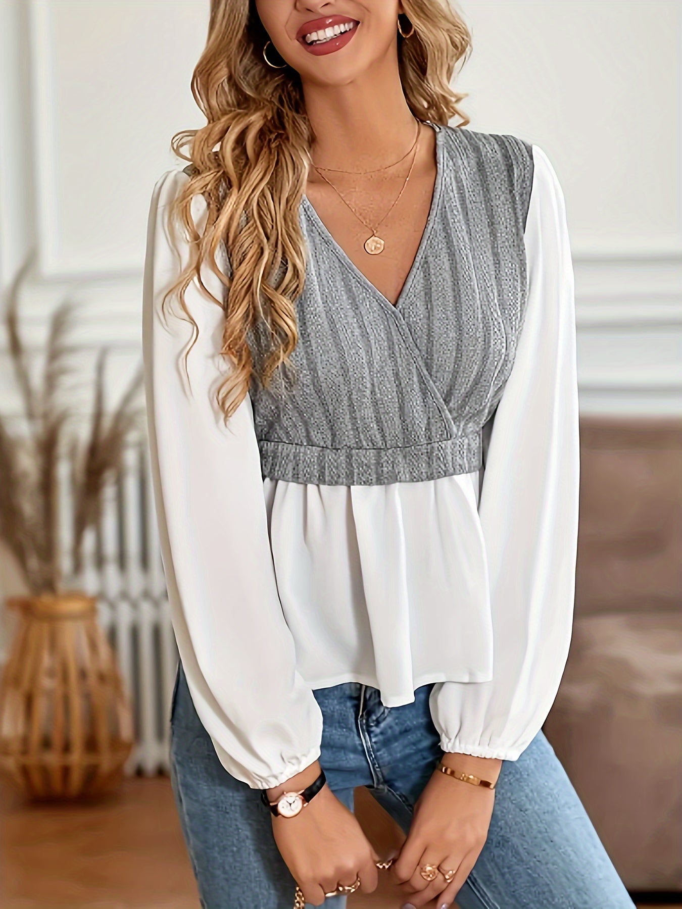  Colorblock Surplice Neck Peplum Top