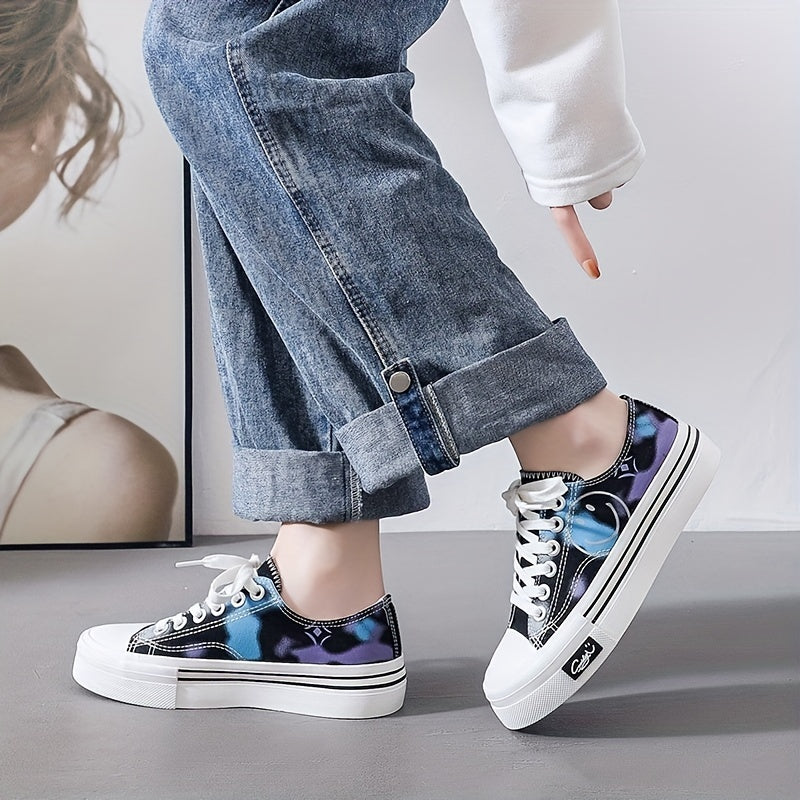 Women's Smiley Face Canvas Sneakers Lace Up Skate Shoes