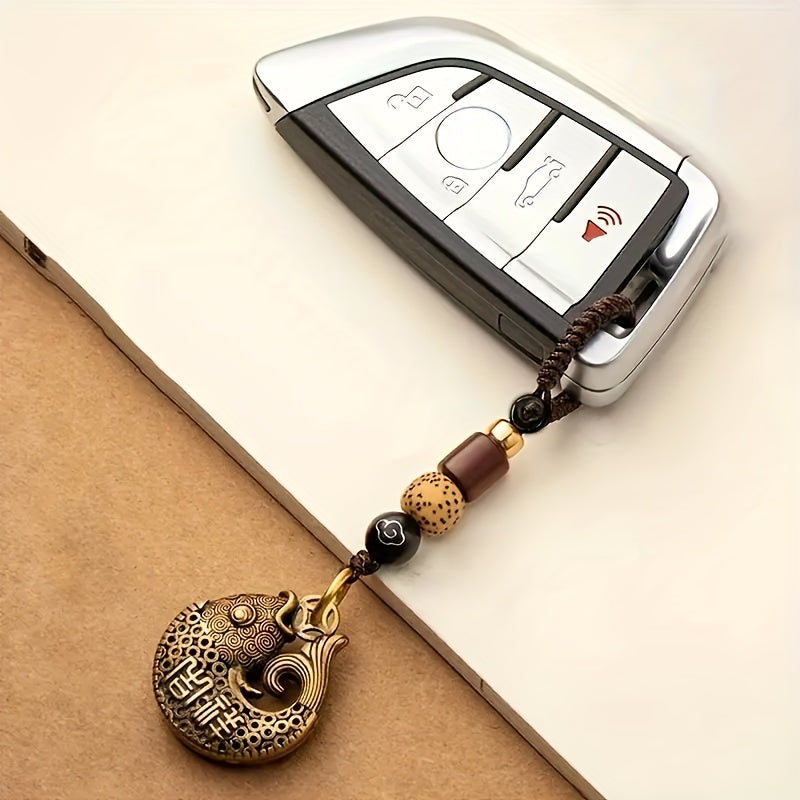 Lucky Fish Brass Car Pendant Key Chain Vintage Chinese Style Hand woven Rope
