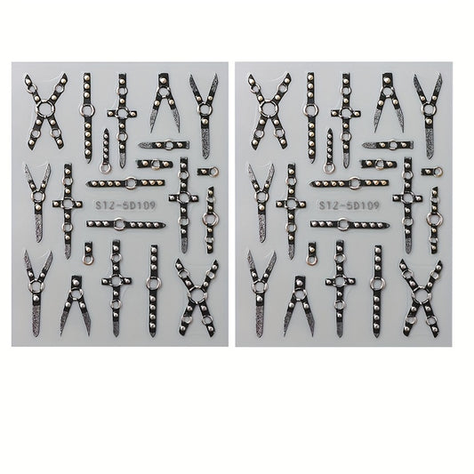 5D Gothic Skull Cross Nail Decals with Glitter Finish