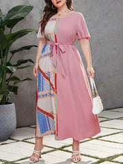  Colorblock Patchwork Print Butterfly Sleeve Round Neck Maxi Dress