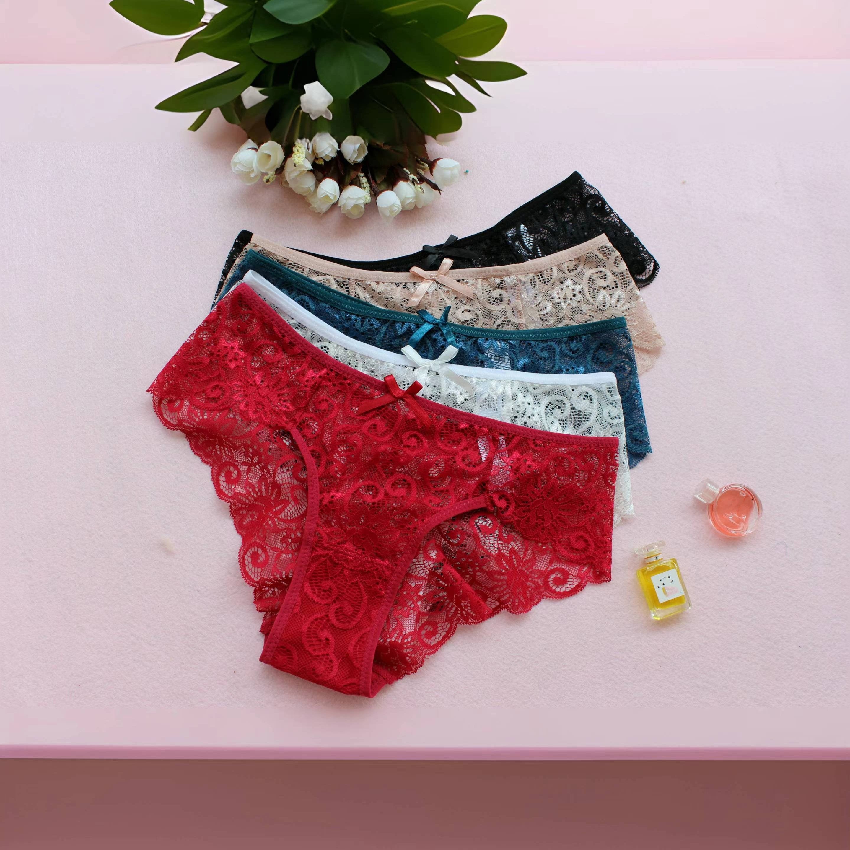 5pcs Floral Lace Briefs Bow Tie Intimates Panties Women's Lingerie