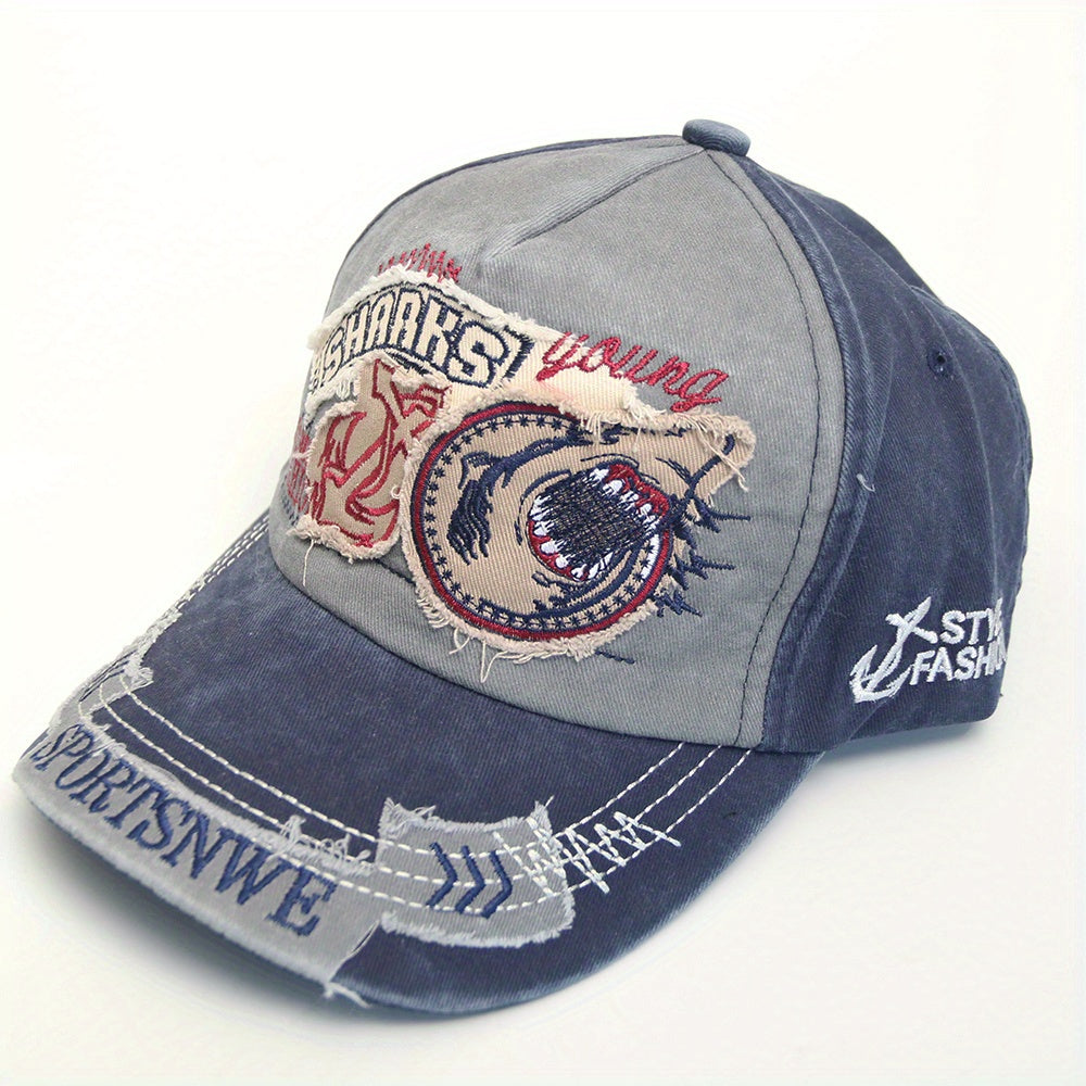 Vintage Washed Embroidery Shark Letter Baseball Cap Men's Sun Visor