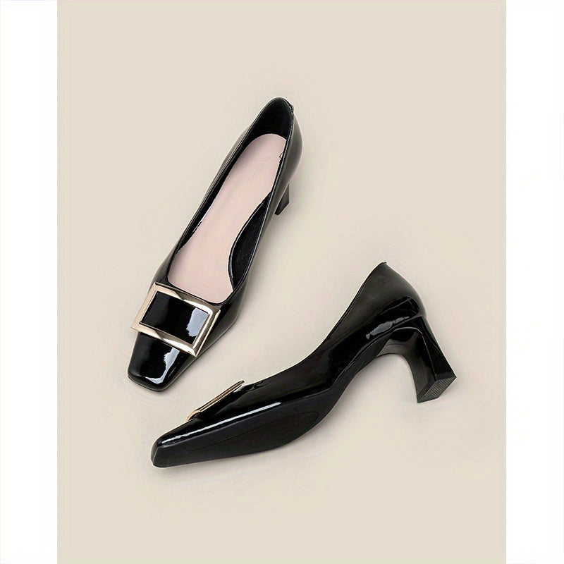 Women's Square Buckle Pumps Square Toe Chunky Heels