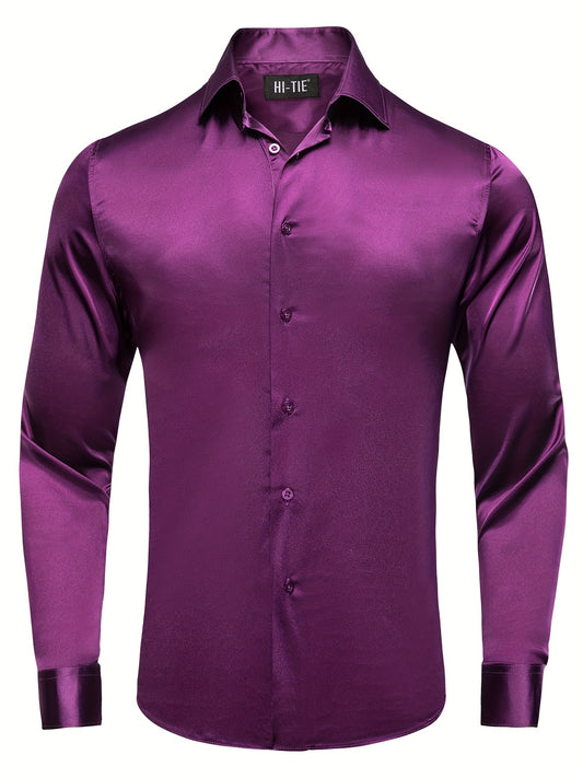 Men's Satin Button-Down Shirt Long Sleeve Casual Solid Prom Wedding Fit