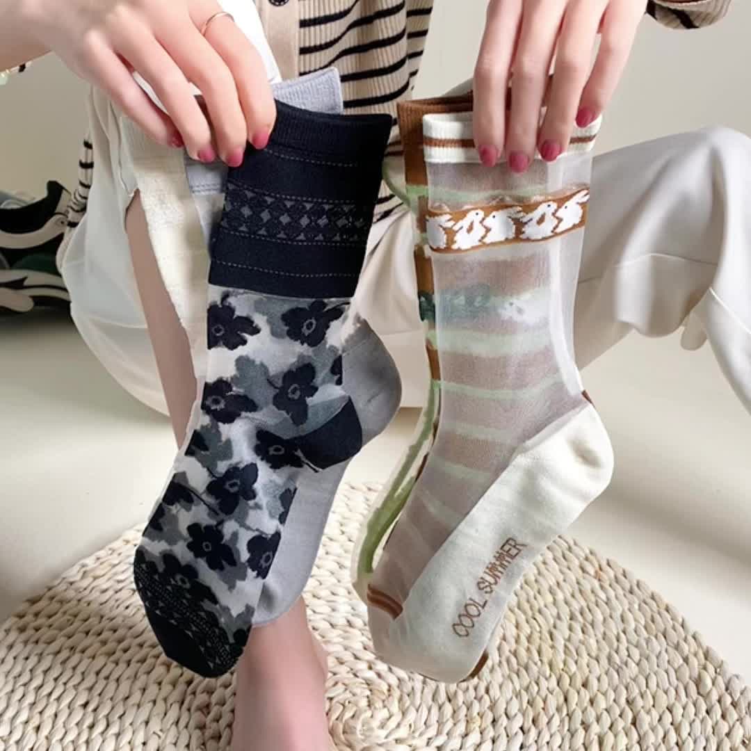 5 Pairs Bunny Print Socks Breathable Mesh Women's Stockings