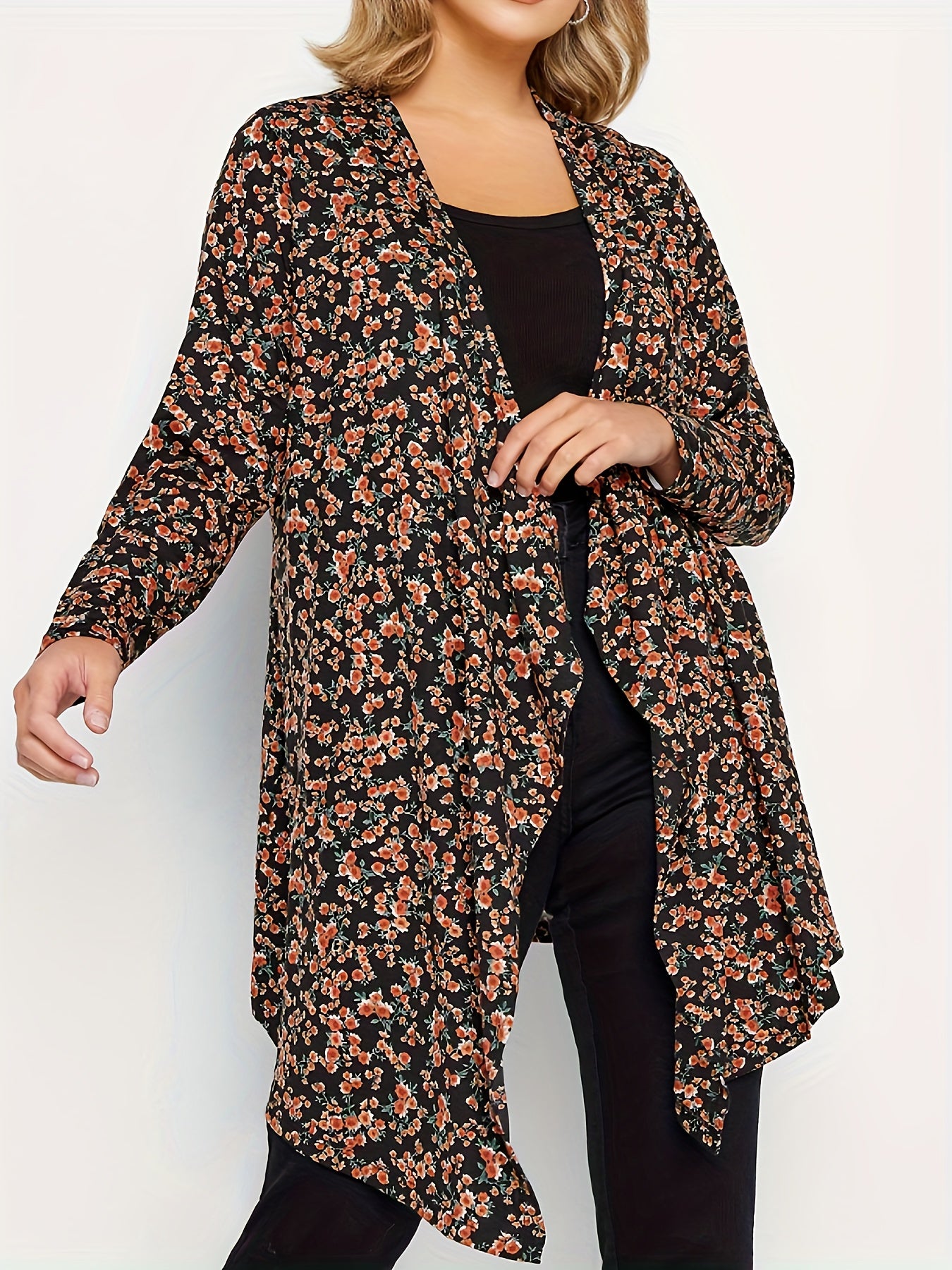 Ditsy Print Long Sleeve Open Front Cardigan