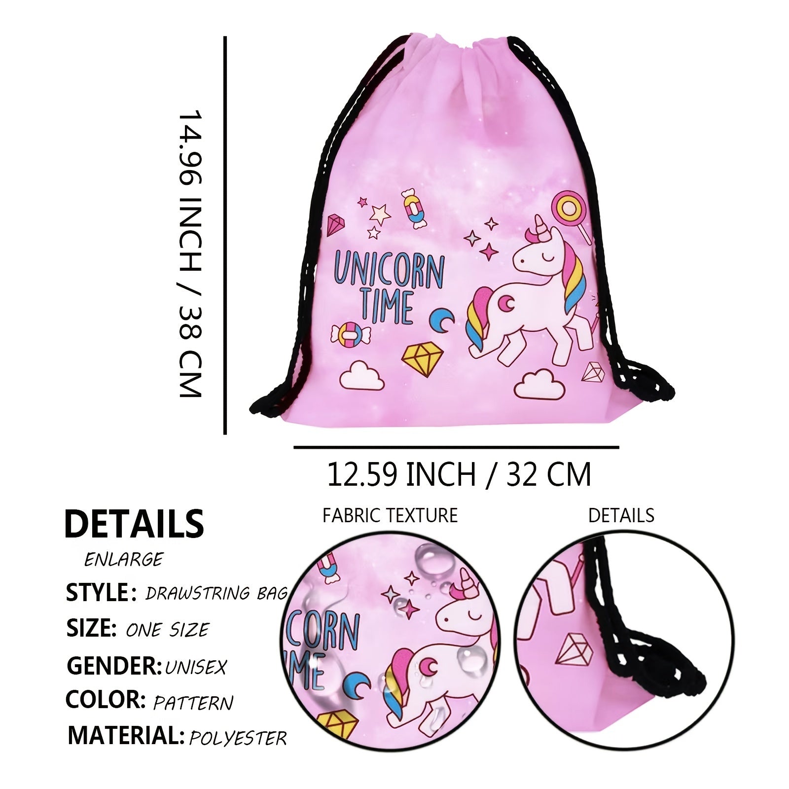 Unicorn Cartoon Drawstring Backpack Lightweight Waterproof Rucksack