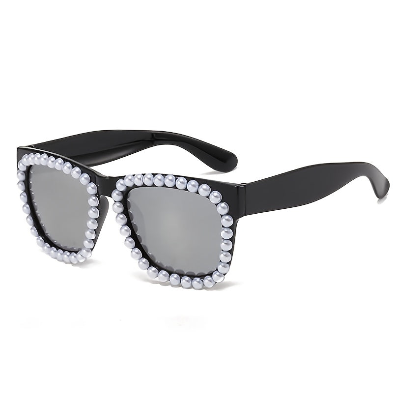 Y2K Faux Pearl Square Sunglasses Retro Anti Glare UV400