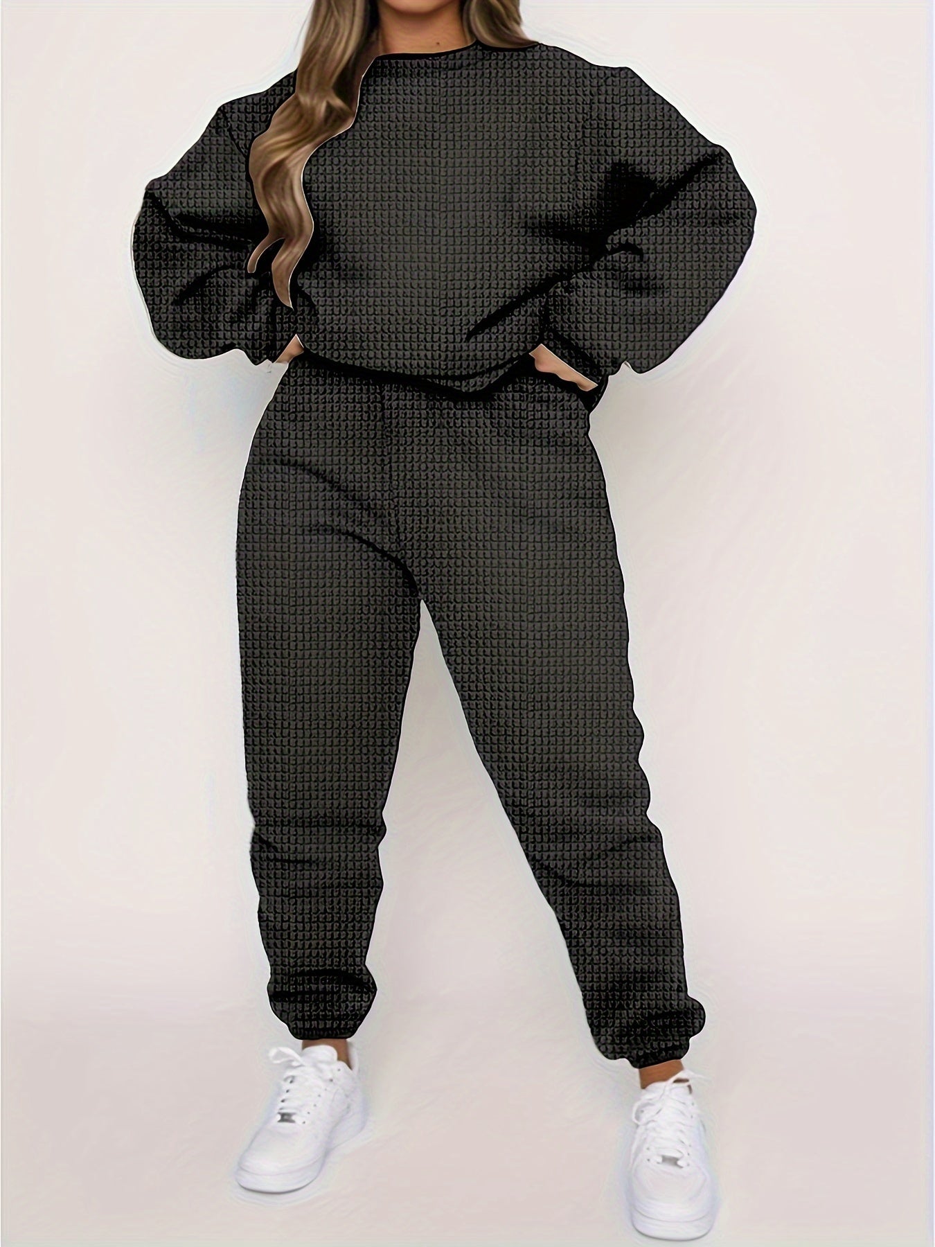 Plus Size Checkered Crew Neck Pullover & Joggers Set