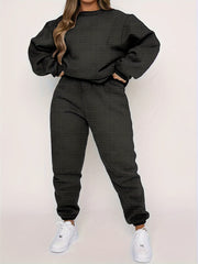 Plus Size Checkered Crew Neck Pullover & Joggers Set
