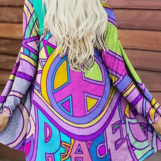  Casual Allover Print Long Sleeve Open Front Cardigan