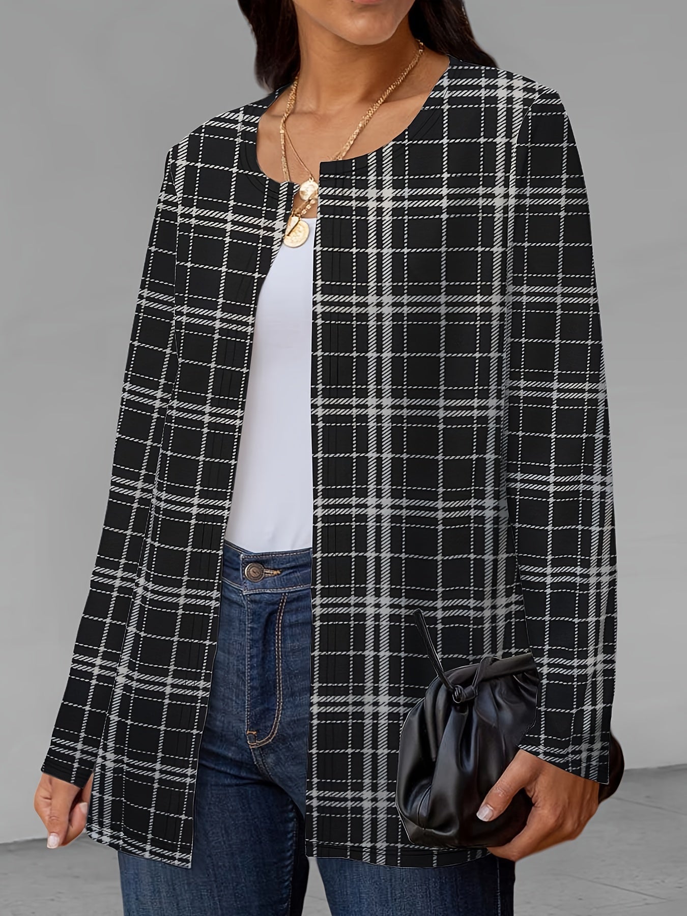 Plaid Print Open Front Jacket Crew Neck Long Sleeve Outerwear