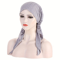 Solid Embossed Turban Cap Elastic Headscarf Women Ramadan Hijab Bandana