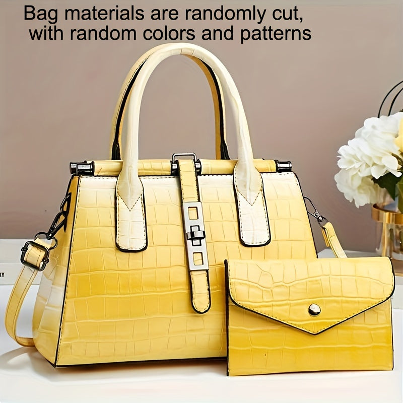 Crocodile Print Satchel Top Handle Tote Bag & Clutch Purse Set
