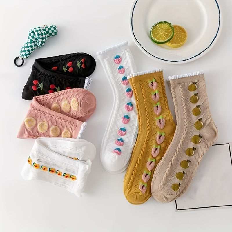 6 Pairs Fruit Pattern Socks Comfy & Breathable Women's Stockings