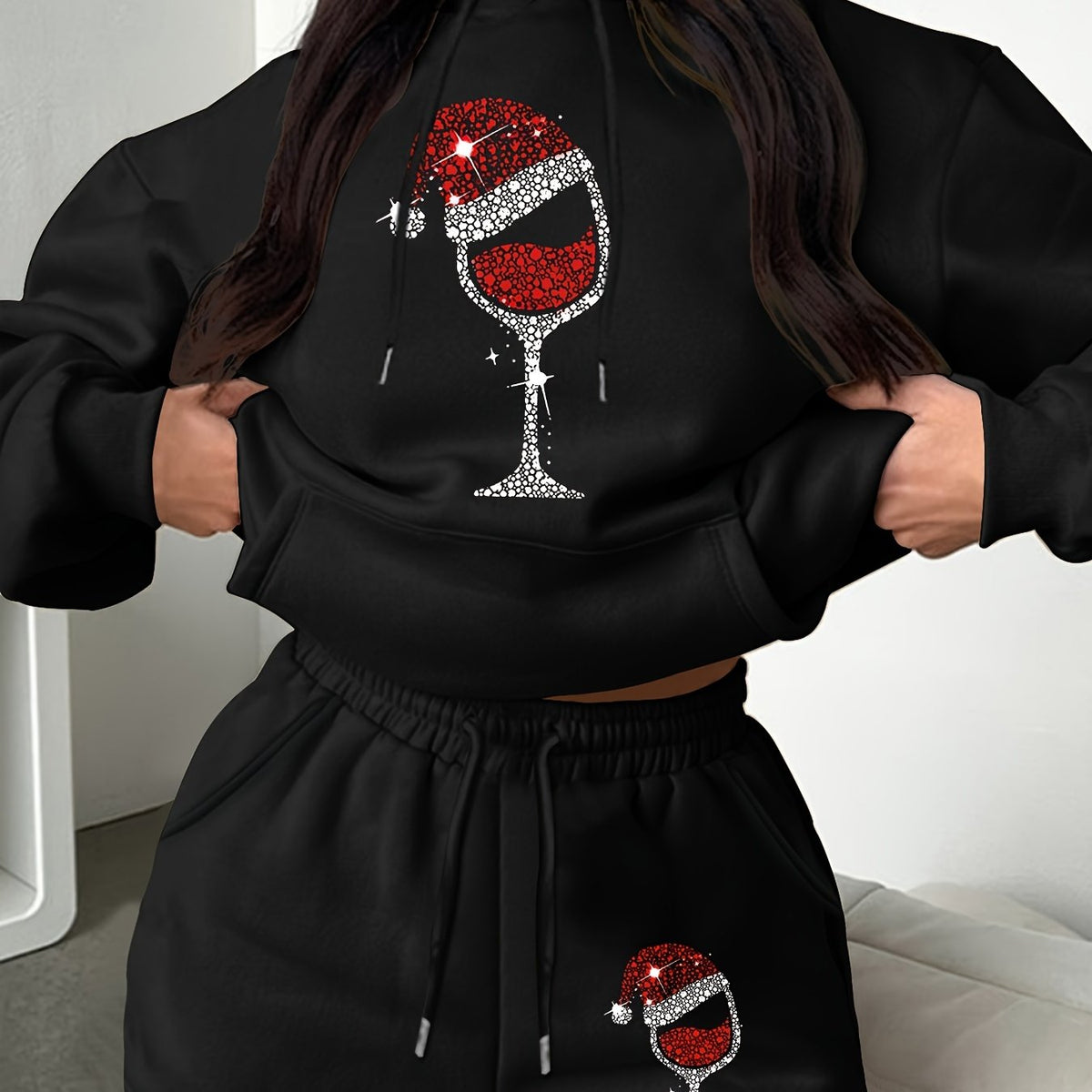 Women's Plus Size Christmas Hoodie & Shorts Outfit Set