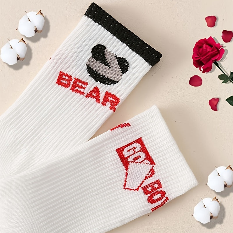 2 Pairs Letter Print Socks Soft & Breathable Mid Tube Stockings