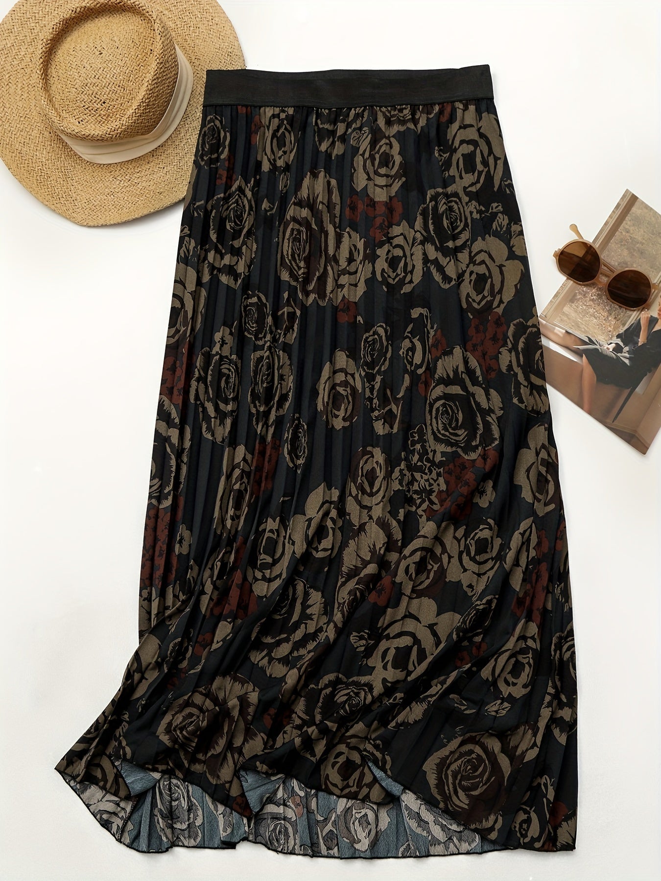  Rose Print Pleated Skirt