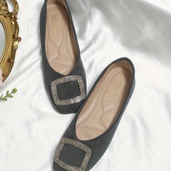 Women's Square Toe Ballet Flats with Rhinestone Buckle