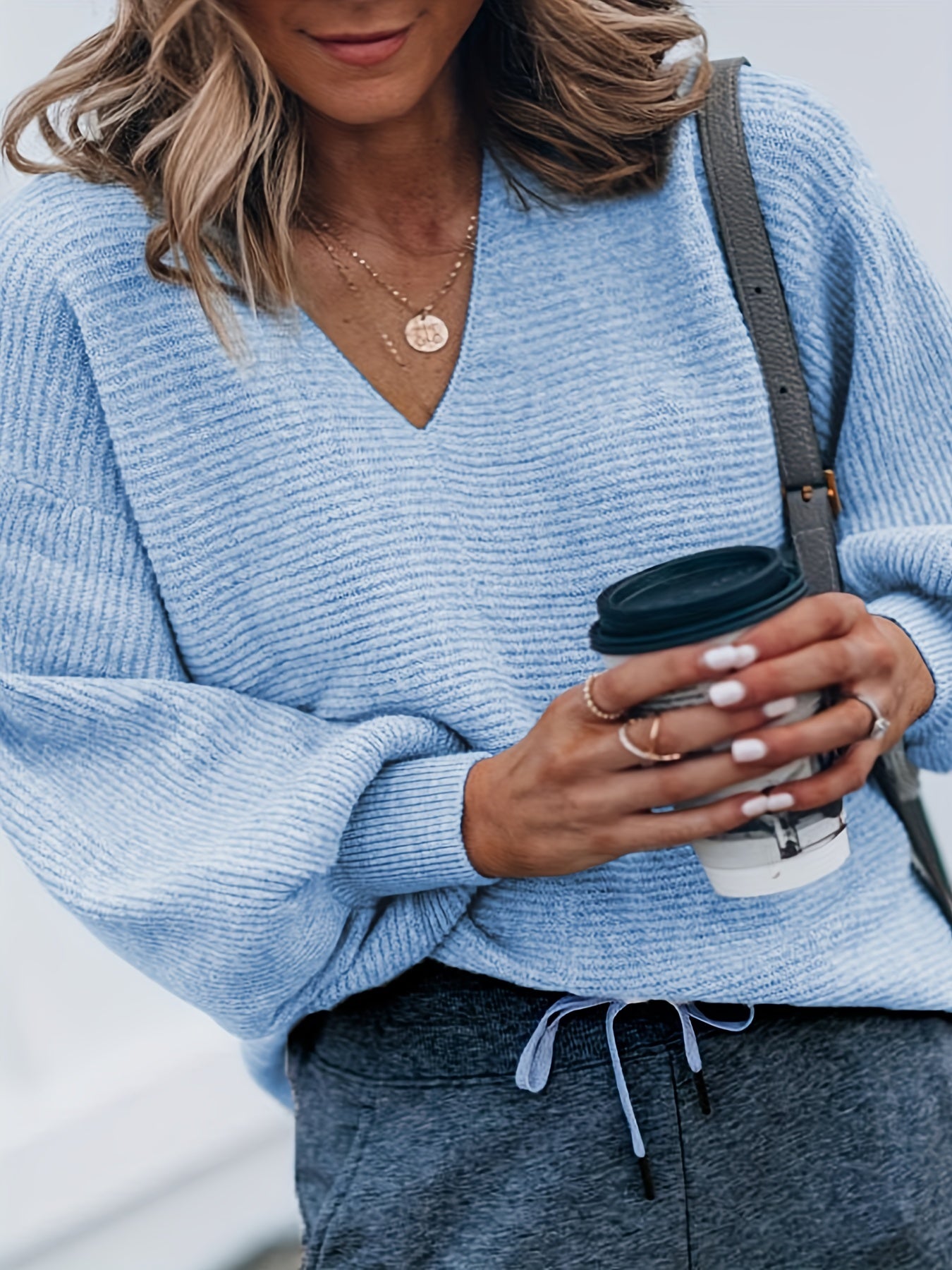  Lantern Sleeve V Neck Sweater