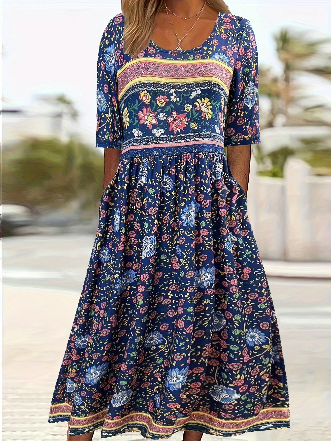  Boho Dress Colorblock Floral Print Maxi Dress With Pockets
