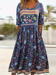  Boho Dress Colorblock Floral Print Maxi Dress With Pockets