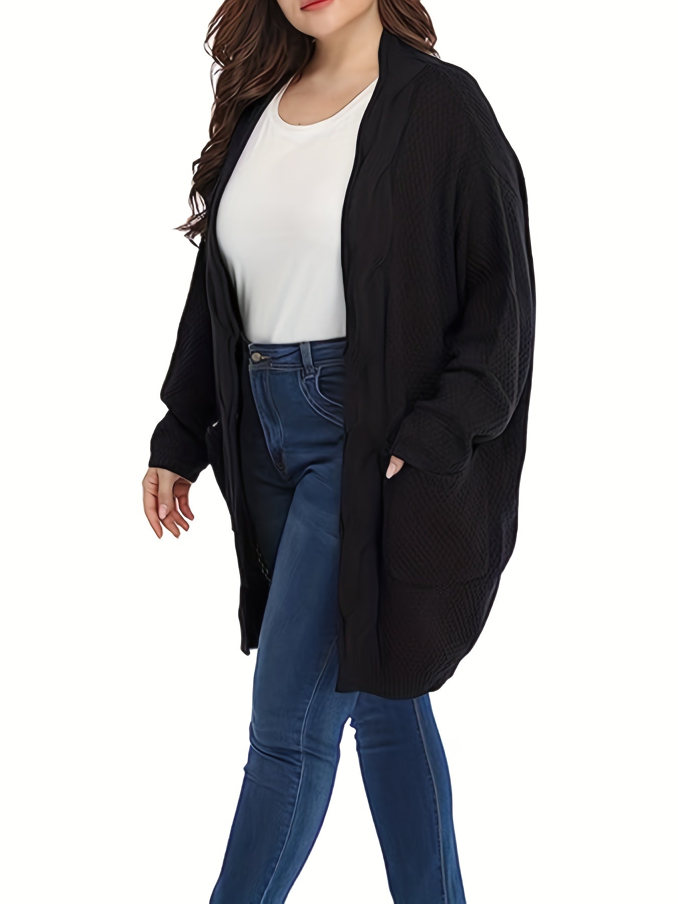 Women's Plus Size Knitted Open Front Cardigan with Pockets