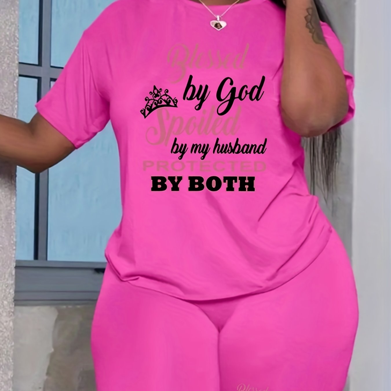  2 Piece Set Women's Plus Crown & Letter Print Tee & Shorts