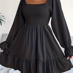 Solid Ruffle Sleeve Square Neck A Line Mini Dress