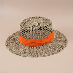 Flat Top Summer Sun Hat Hollow Straw Hat British Jazz Fedora Cap