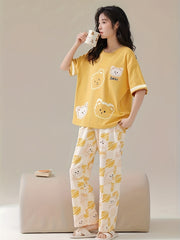 Bear Print Pajama Set Short Sleeve Top & Lounge Pants Women's Sleepwear