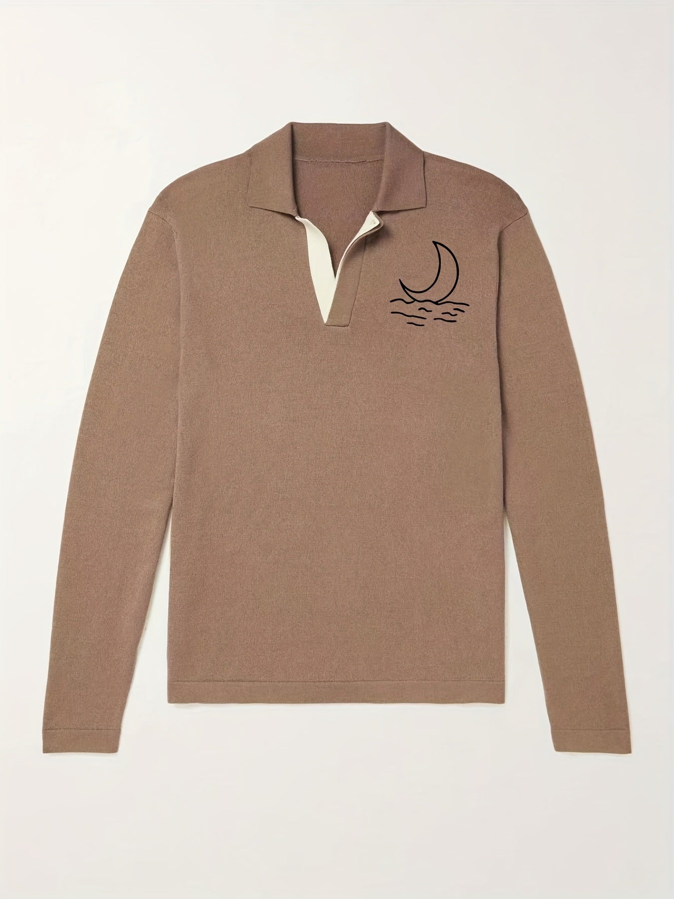 Moon Pattern Knit Polo Shirt Men's Casual Lapel Stretch V Neck Pullover