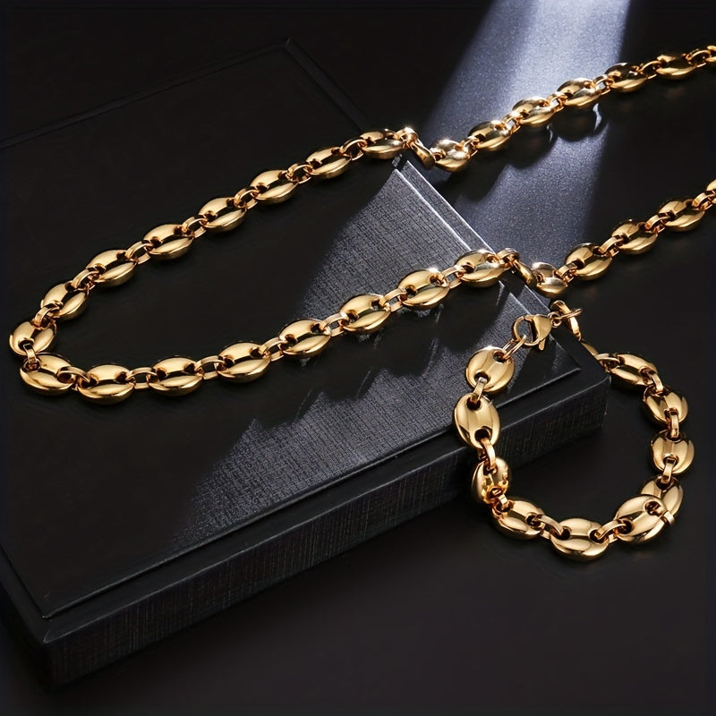 2pcs Stainless Steel Men's Coffee Bean Necklace Bracelet