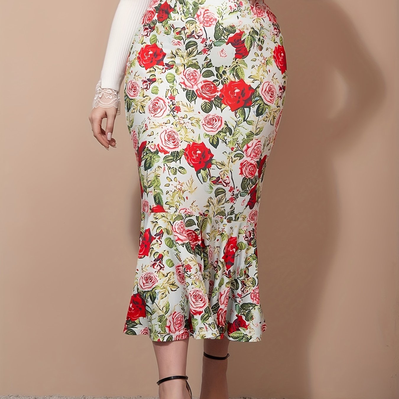  Floral Print High Rise Ruffle Trim Bodycon Mermaid Skirt