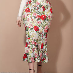  Floral Print High Rise Ruffle Trim Bodycon Mermaid Skirt