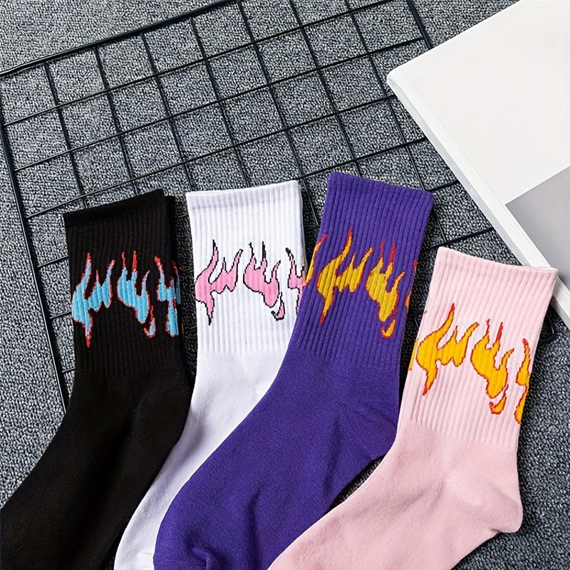 8 Pairs Flame Print Socks Comfy & Breathable Women's Stockings
