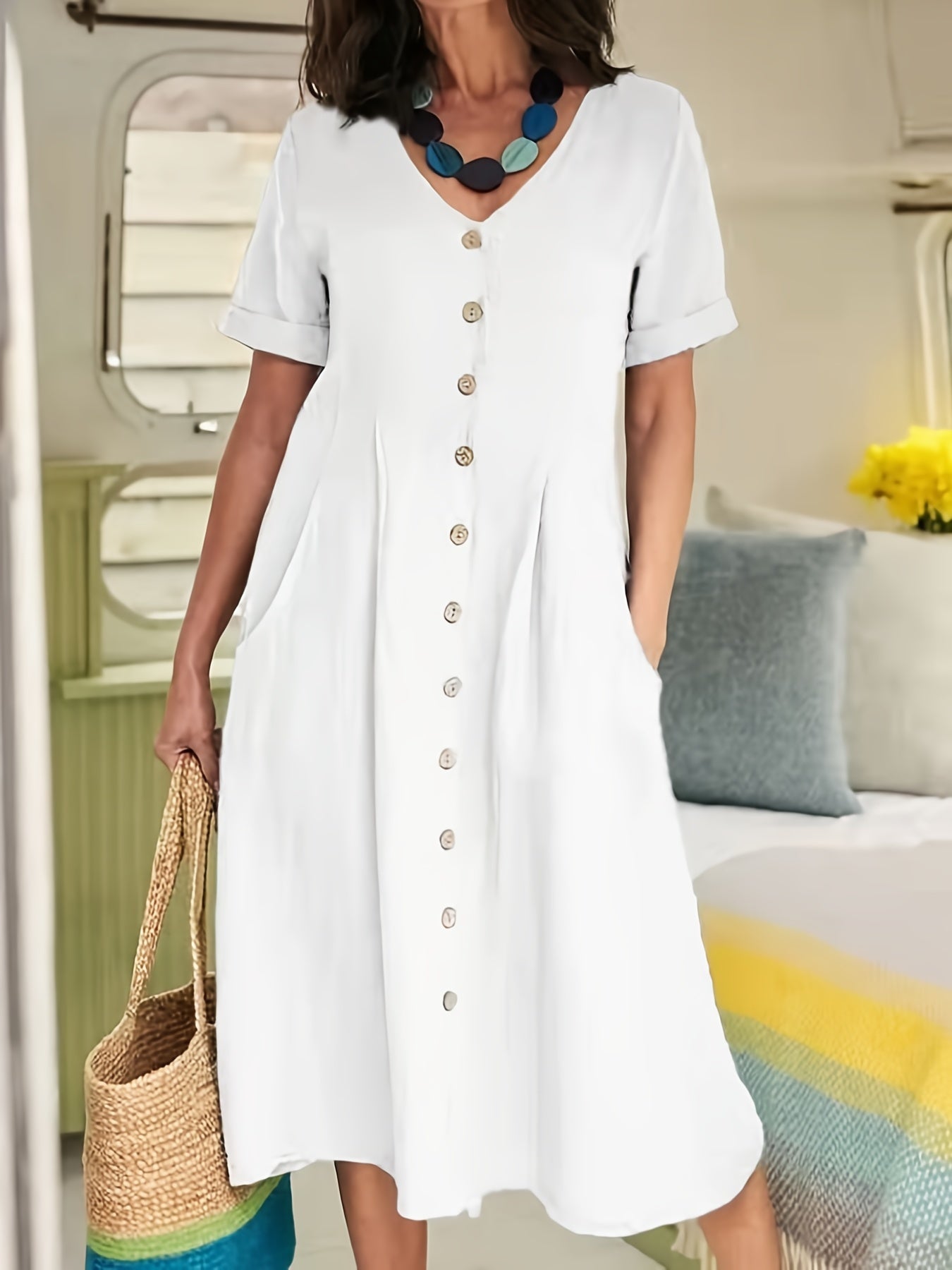  Women's V Neck Loose Fit Dress