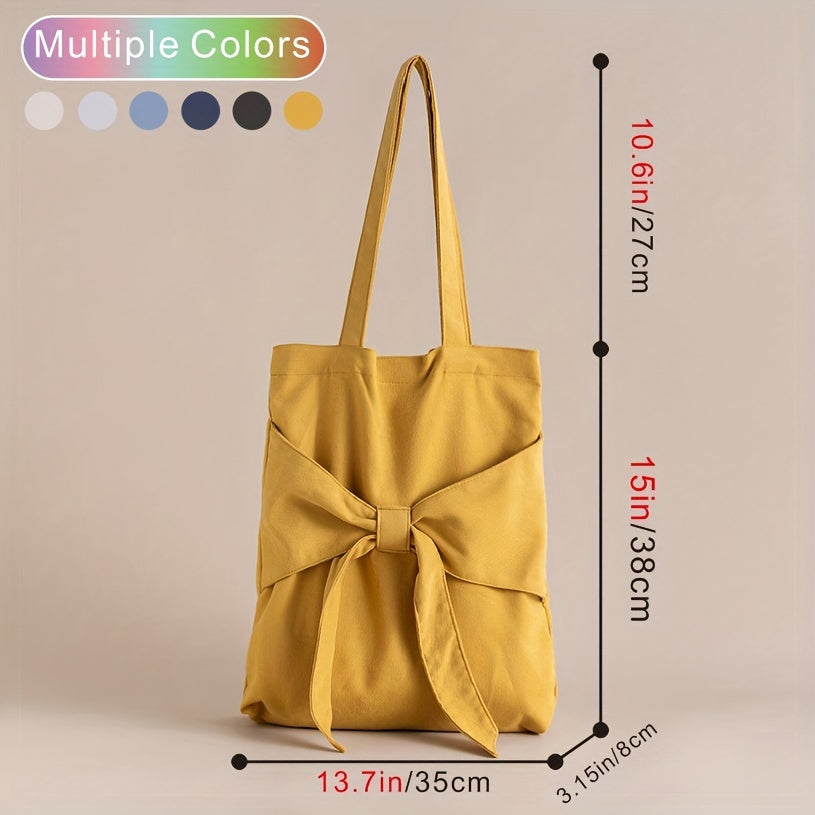 Bowknot Decor Canvas Shoulder Bag Tote Bag Solid Handbag For School Travel