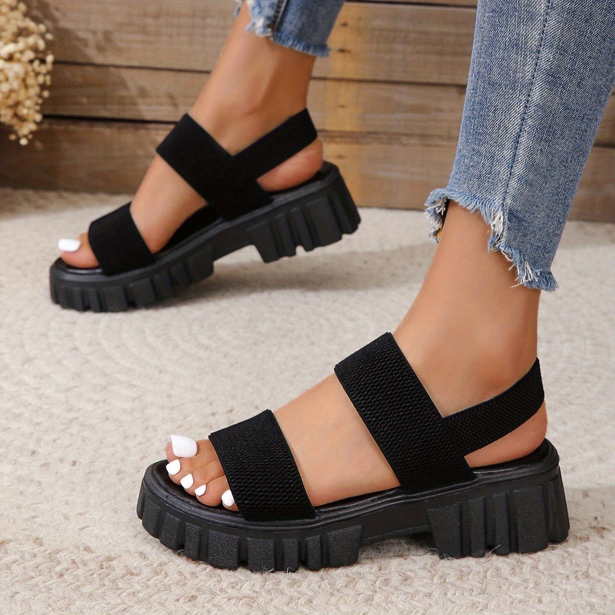 Women's Black Chunky Heel Ankle Strap Sandals