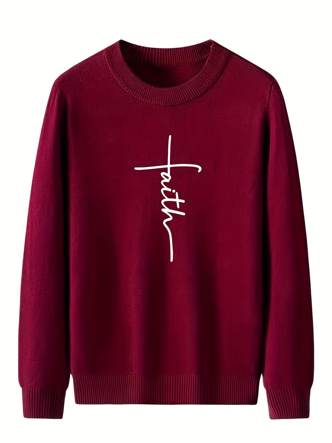 Faith Print Crew Neck Sweater Men's Casual Warm Pullover