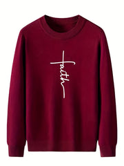 Faith Print Crew Neck Sweater Men's Casual Warm Pullover