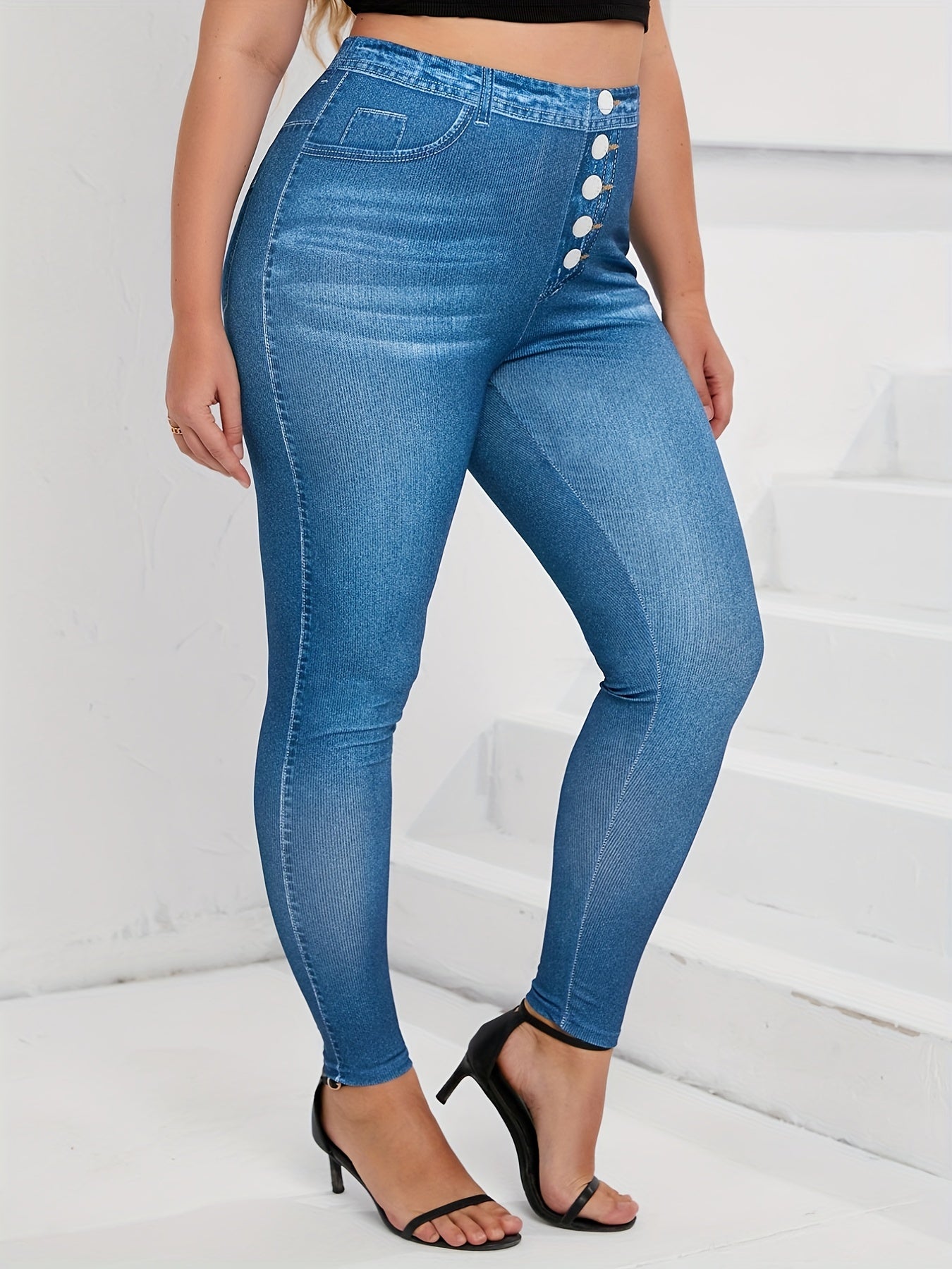 Plus Denim Print High Rise Skinny Leggings