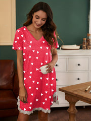 Heart Print NightDress Lace Trim Pajama Dress Women's Sleepwear