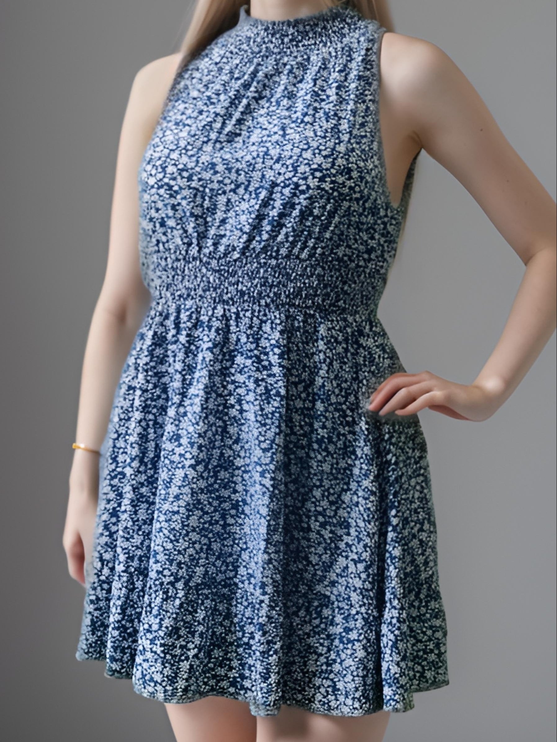  Ditsy Print High Neck Mini Dress
