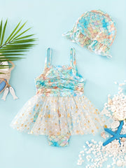 2pcs Toddler Girls Fish Scales Cami Swimsuit & Cap Set