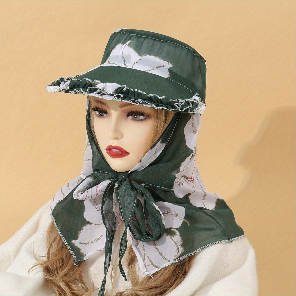 Wide Brim Floral Print Hat with Chiffon Scarf UV Protection Working Cap